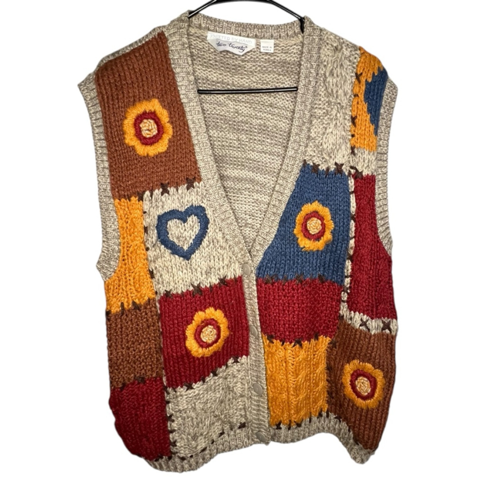 Two Twenty Vintage Style Oversized Patchwork Knit Boho Button Up Sweater Vest